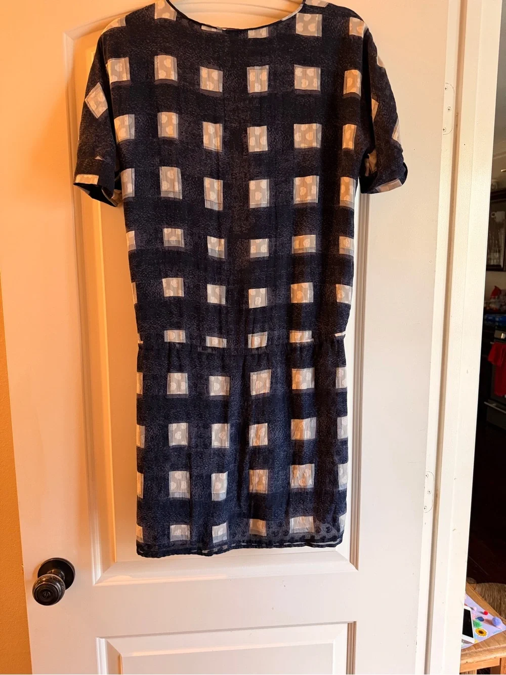 Tory Burch Navy and White Checked Drawstring Waist Dress